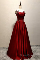 Wine Red Satin Straps Beaded Long Party Dresses, Wine Red A-Line Evening Prom Dresses