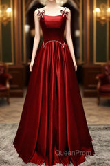 Wine Red Satin Straps Beaded Long Party Dresses, Wine Red A-Line Evening Prom Dresses