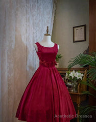 Wine Red Satin Tea Length Party Dress with Bow, Wine Red Wedding Party Dress