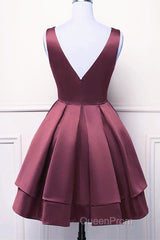 Wine Red Satin V-Neckline Short Party Dresses, Wine Red Homecoming Dresses
