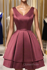 Wine Red Satin V-Neckline Short Party Dresses, Wine Red Homecoming Dresses