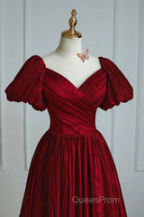 Wine Red Satin V-Neckline Short Sleeves Evening Prom Dresses, Wine Red Long Party Dresses