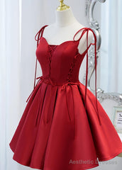 Wine Red Satin V-neckline Straps Beaded Short Prom Dress, Wine Red Party Dresses