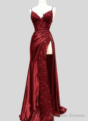 Wine Red Satin with Lace Formal Dress, Wine Red Evening Dress Prom Dress