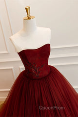 Wine Red Scoop Sweetheart Tulle Ball Gown Evening Prom Dresses, Wine Red Tulle Evening Dresses
