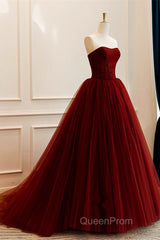 Wine Red Scoop Sweetheart Tulle Ball Gown Evening Prom Dresses, Wine Red Tulle Evening Dresses