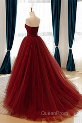 Wine Red Scoop Sweetheart Tulle Ball Gown Evening Prom Dresses, Wine Red Tulle Evening Dresses