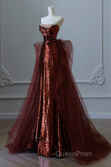 Wine Red Sequins And Tulle Long Formal Dresses, Wine Red Evening Prom Dresses