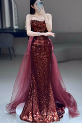 Wine Red Sequins Long Party Dresses With Tulle, Wine Red Long Formal Dresses Evening Prom Dresses