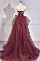 Wine Red Sequins Long Party Dresses With Tulle, Wine Red Long Formal Dresses Evening Prom Dresses