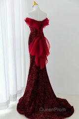 Wine Red Sequins Mermaid Long Party Dresses, Off Shoulder Sweetheart Evening Prom Dresses