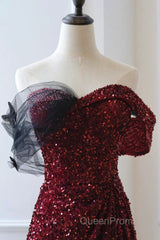 Wine Red Sequins Off Shoulder Long Party Dresses, A-Line Sequins Evening Prom Dresses