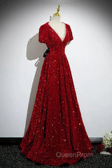 Wine Red Sequins V-Neckline Short Sleeves Party Dresses, Wine Red Evening Dresses