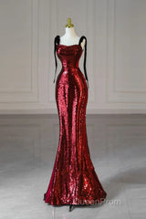 Wine Red Sequins With Black Tulle Straps Long Party Dresses, Wine Red Sequins Evening Prom Dresses