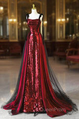 Wine Red Sequins With Black Tulle Straps Long Party Dresses, Wine Red Sequins Evening Prom Dresses