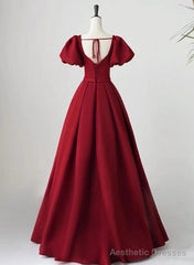 Wine Red Short Sleeves A-line Floor Length Party Dress, Long Prom Dress