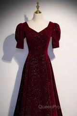 Wine Red Short Sleeves Velvet Long Formal Dresses, Wine Red Evening Dresses Evening Prom Dresses