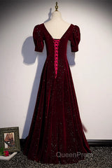 Wine Red Short Sleeves Velvet Long Formal Dresses, Wine Red Evening Dresses Evening Prom Dresses