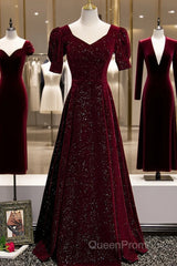 Wine Red Short Sleeves Velvet Long Formal Dresses, Wine Red Evening Dresses Evening Prom Dresses