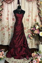 Wine Red Strapless Long Taffeta Sweet 16 Dresses, Wine Red Sweetheart Evening Prom Dresses Formal Gown