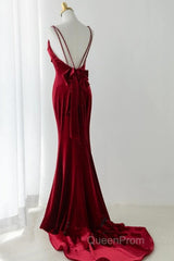 Wine Red Straps Low Back Mermaid Long Party Dresses, Wine Red Evening Dresses