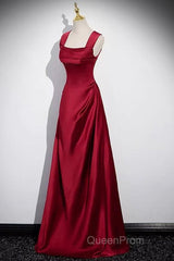 Wine Red Straps Satin Scoop Floor Length Evening Prom Dresses, Wine Red Long Evening Dresses