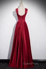 Wine Red Straps Satin Scoop Floor Length Evening Prom Dresses, Wine Red Long Evening Dresses
