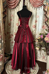 Wine Red Straps Sweetheart Vintage Style Party Dresses, Wine Red Evening Prom Dresses