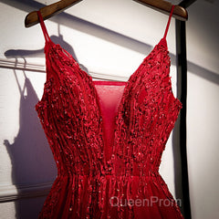 Wine Red Straps V-Neckline Lace Applique Long Evening Prom Dresses, Dark Red Formal Dresses