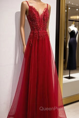Wine Red Straps V-Neckline Lace Applique Long Evening Prom Dresses, Dark Red Formal Dresses