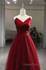 Wine Red Tea Length Tulle V-Neckline Evening Prom Dresses, Wine Red Tulle Party Dresses