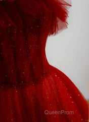 Wine Red Tull A-Line Scoop Long Evening Prom Dresses, Wine Red Tulle Evening Dresses