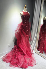 Wine Red Tulle And Sequins Halter Long Party Dresses, Wine Red New Style Evening Prom Dresses