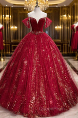 Wine Red Tulle Ball Gown Beaded Sweetheart Party Dresses, Wine Red Evening Prom Dresses