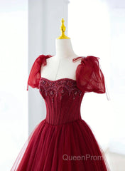 Wine Red Tulle Beaded Long Evening Prom Dresses, A-Line Sweetheart Formal Evening Dresses