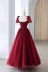 Wine Red Tulle Beaded Long Evening Prom Dresses, A-Line Sweetheart Formal Evening Dresses