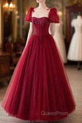 Wine Red Tulle Beaded Long Evening Prom Dresses, A-Line Sweetheart Formal Evening Dresses
