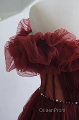 Wine Red Tulle Sequins Long Off Shoulder Party Dresses, Wine Red Tulle Evening Prom Dresses