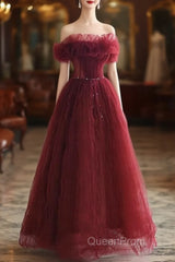 Wine Red Tulle Sequins Long Off Shoulder Party Dresses, Wine Red Tulle Evening Prom Dresses