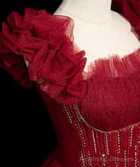 Wine Red Tulle Short Sleeves Beaded Party Dress, A-line Wine Red Prom Dress