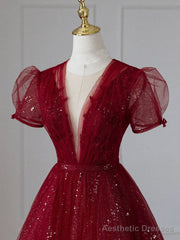 Wine Red Tulle Short Sleeves Long Party Dress Wine Red Evening Gown prom dresses shops