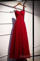 Wine Red Tulle Straps Long Sweetheart Party Dresses Formal Dresses, A-Line Dark Red Evening Dresses