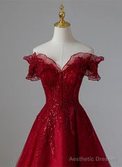 Wine Red Tulle with Sequins and Lace Party Dress, Wine Red A-line Prom Dress