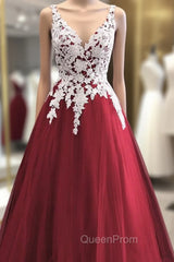 Wine Red Tulle With White Lace V-Neckline Evening Prom Dresses, Wine Red Long Evening Dresses