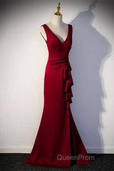 Wine Red V-Neckline Mermaid Long Party Dresses With Leg Slit, Wine Red Evening Prom Dresses