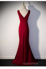 Wine Red V-Neckline Mermaid Long Party Dresses With Leg Slit, Wine Red Evening Prom Dresses