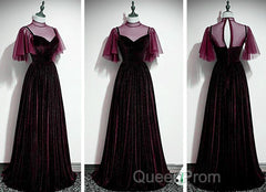 Wine Red Velvet A-Line Long High Neckline Party Dresses, Wine Red Long Bridesmaid Dresses