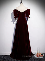 Wine Red Velvet A-Line Simple Party Dresses, Wine Red Velvet Long Evening Prom Dresses