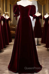 Wine Red Velvet A-Line Simple Party Dresses, Wine Red Velvet Long Evening Prom Dresses