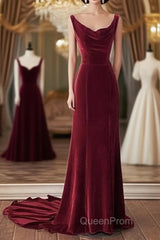 Wine Red Velvet Backless Straps Evening Prom Dresses, Wine Red Velvet Party Dresses